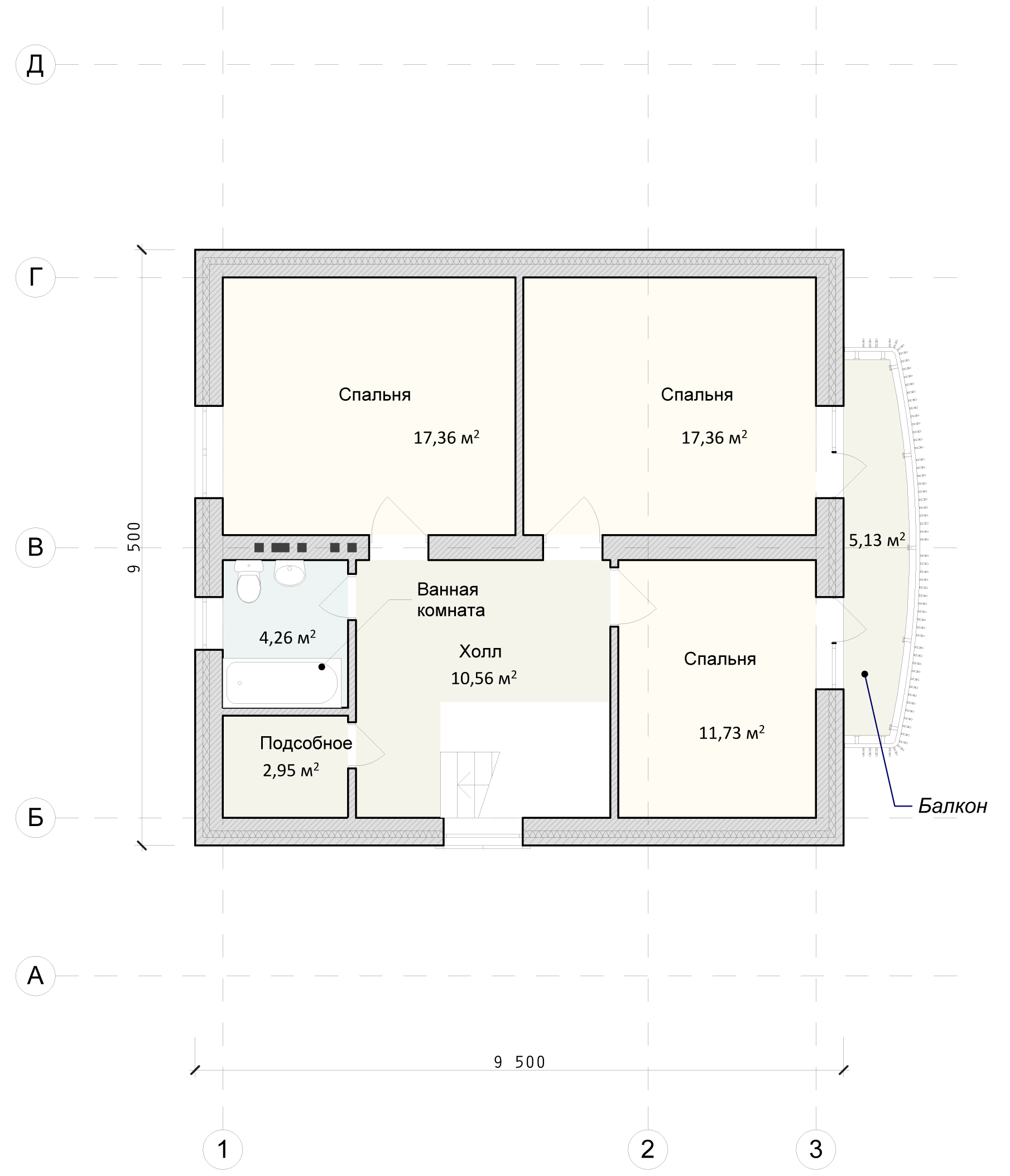 План дома одноэтажного с 2 спальнями и кухней